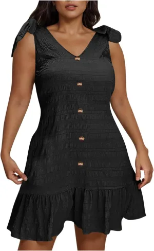 JOAU Women Plus Size Summer V Neck Sleeveless Tie Strap Button Ruffle Hem Boho Sundress Casual Flowy A-Line Mini Tank Dress