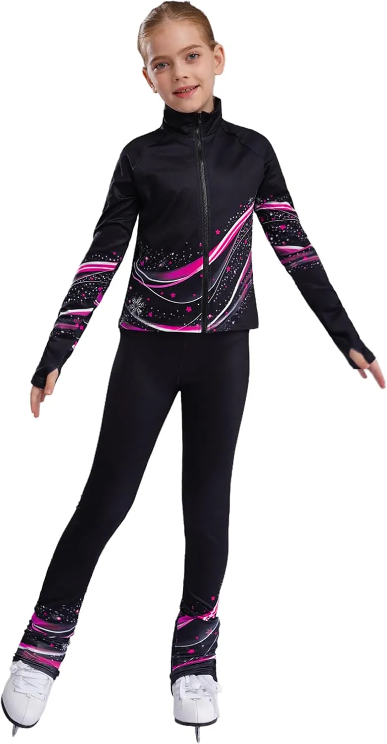 Kids Girls Ice Figure Skating Outfit 2 Piece Gym Workout Training Suit Long Sleeve Zip Sweatshirt and Pants