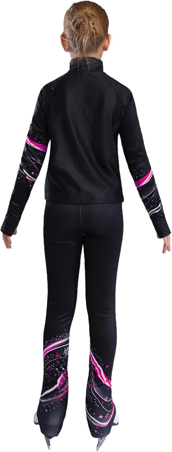 Kids Girls Ice Figure Skating Outfit 2 Piece Gym Workout Training Suit Long Sleeve Zip Sweatshirt and Pants