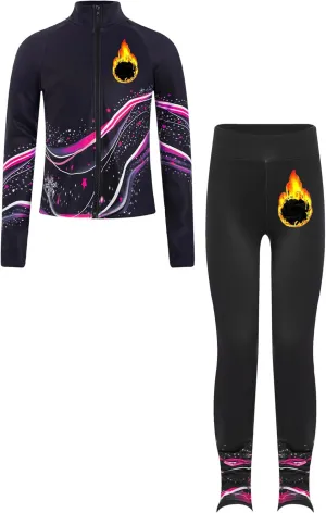 Kids Girls Ice Figure Skating Outfit 2 Piece Gym Workout Training Suit Long Sleeve Zip Sweatshirt and Pants