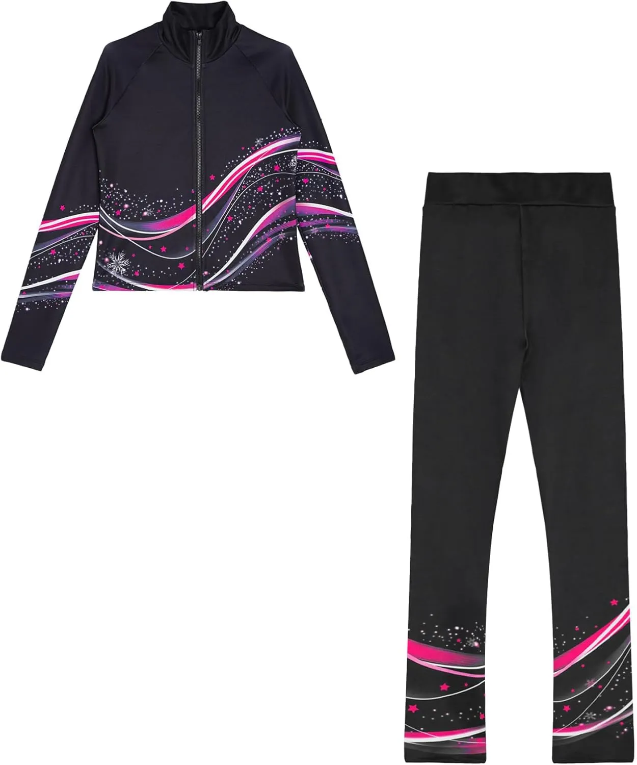 Kids Girls Ice Figure Skating Outfit 2 Piece Gym Workout Training Suit Long Sleeve Zip Sweatshirt and Pants