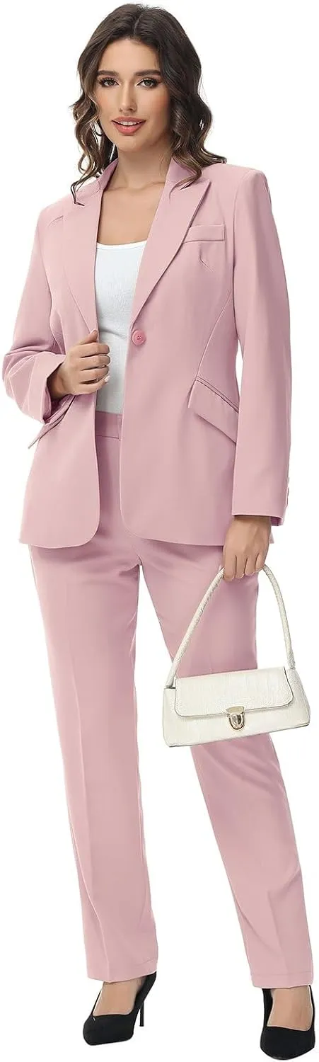 Lamgool Women Suit 2 Pieces Set One Button Lady's Business Formal Peak Lapel Blazer and Pants for Work