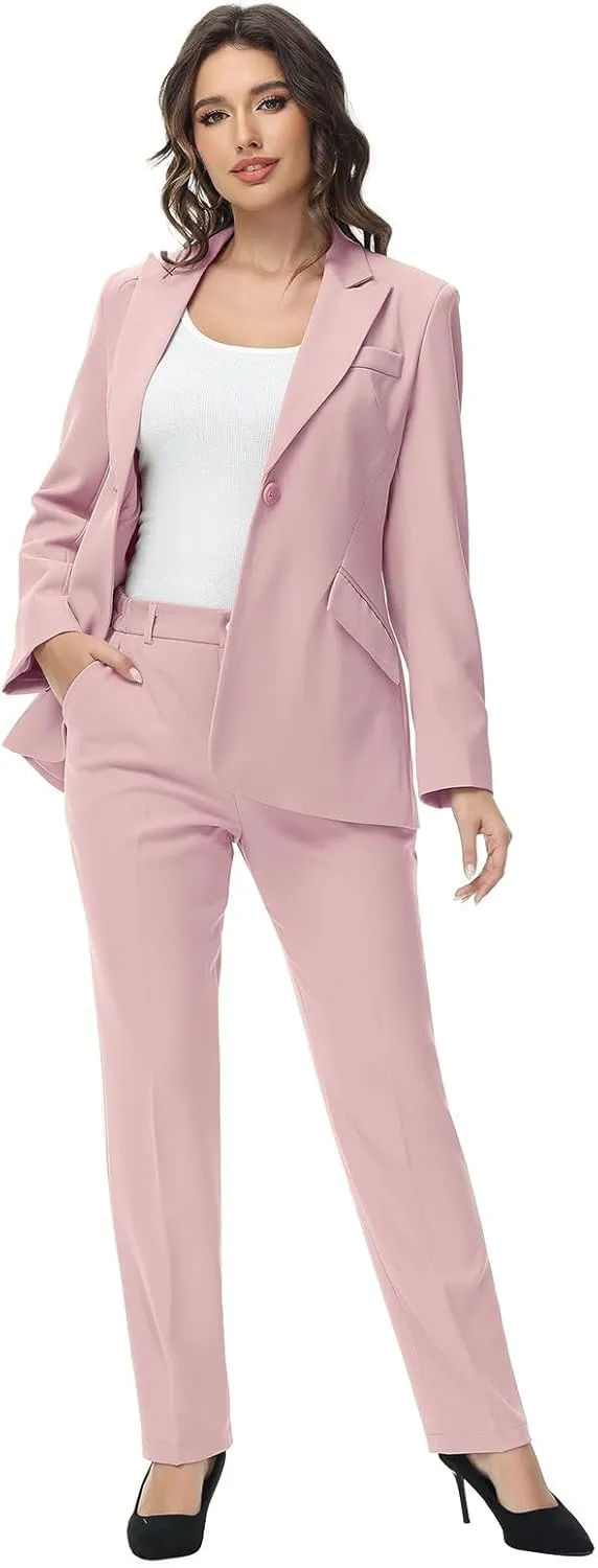 Lamgool Women Suit 2 Pieces Set One Button Lady's Business Formal Peak Lapel Blazer and Pants for Work