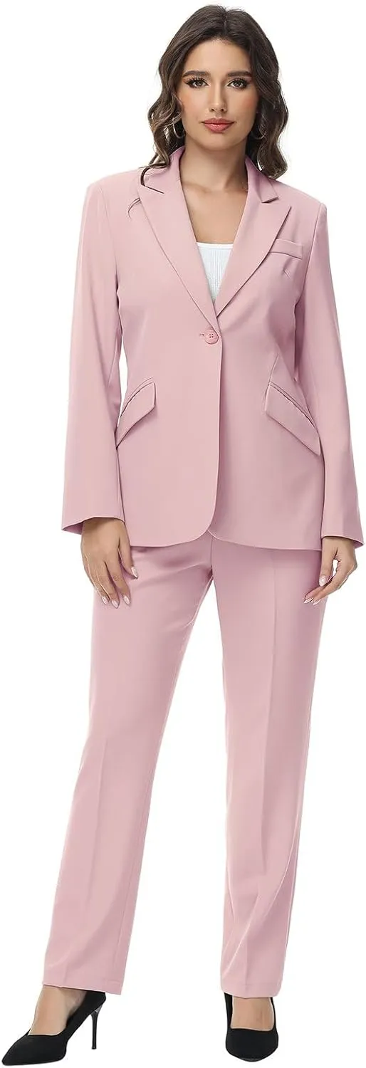 Lamgool Women Suit 2 Pieces Set One Button Lady's Business Formal Peak Lapel Blazer and Pants for Work