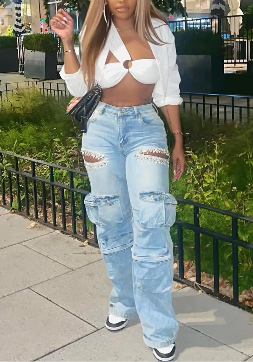 LETSVDO Women's Rhinestone Cargo Jeans High Waisted Wide Leg Baggy Sexy Ripped Cut Out Distressed Stretch Denim Pants