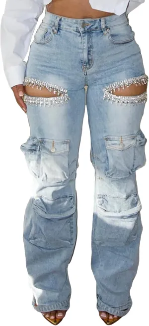 LETSVDO Women's Rhinestone Cargo Jeans High Waisted Wide Leg Baggy Sexy Ripped Cut Out Distressed Stretch Denim Pants