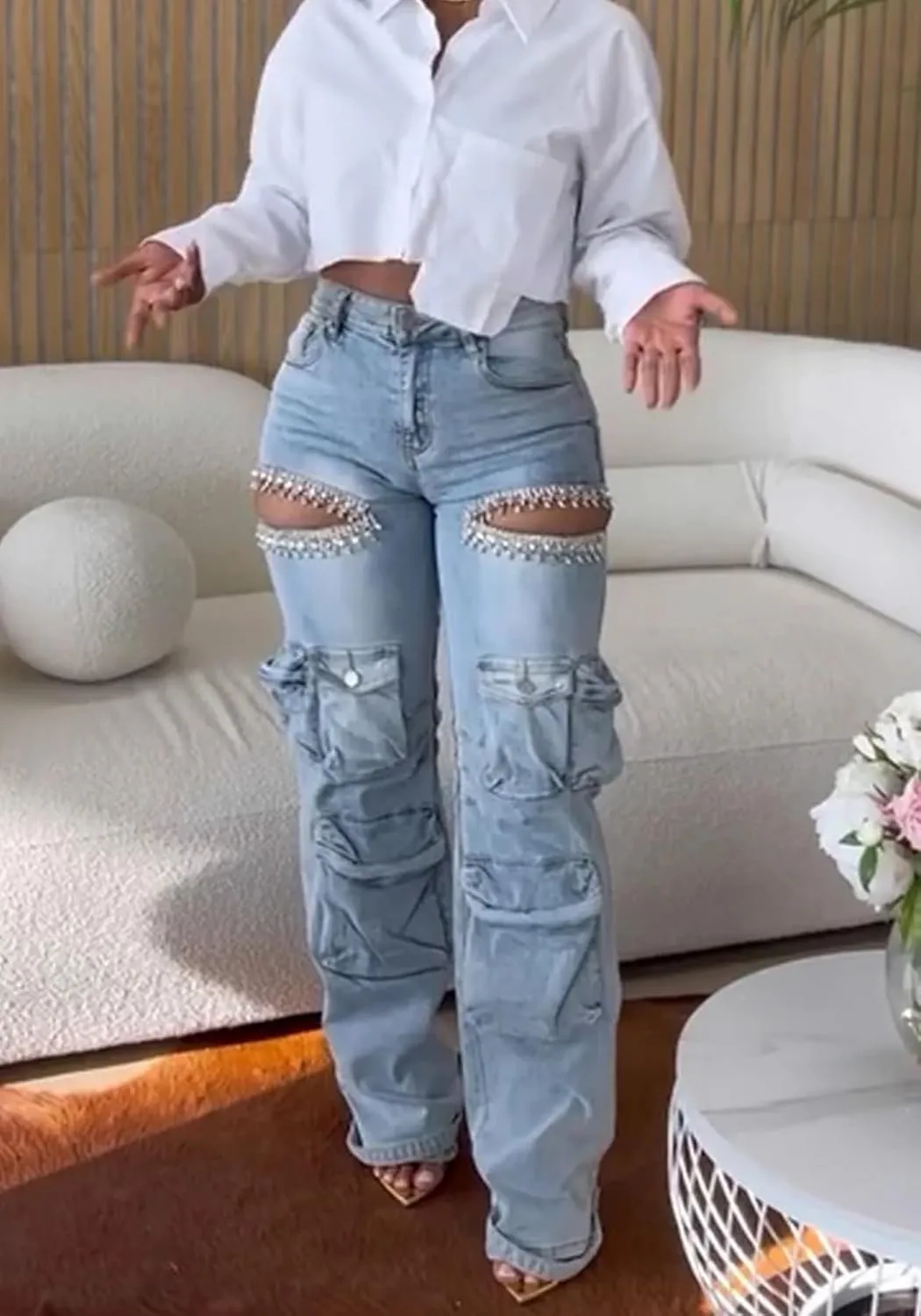 LETSVDO Women's Rhinestone Cargo Jeans High Waisted Wide Leg Baggy Sexy Ripped Cut Out Distressed Stretch Denim Pants