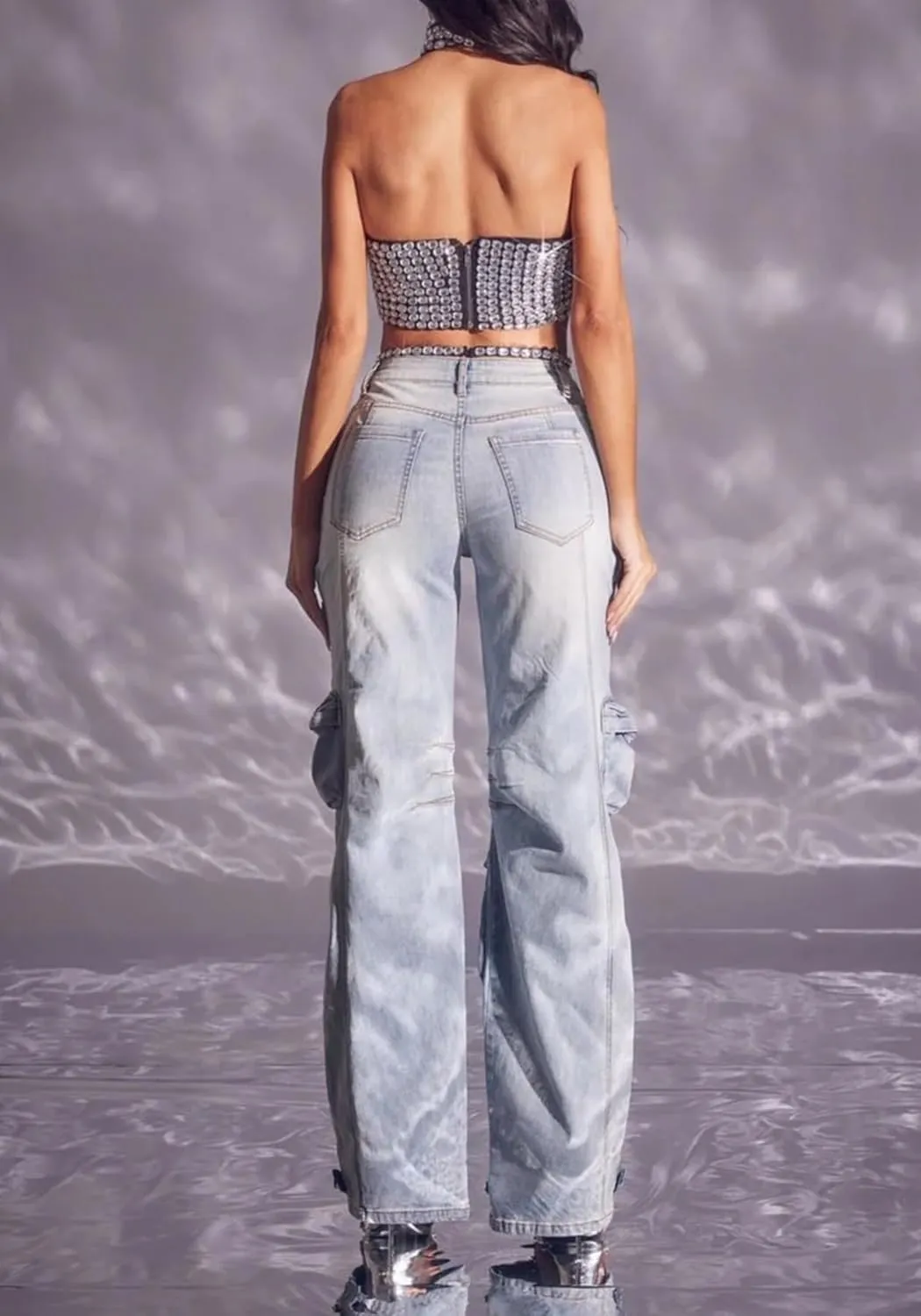 LETSVDO Women's Rhinestone Cargo Jeans High Waisted Wide Leg Baggy Sexy Ripped Cut Out Distressed Stretch Denim Pants