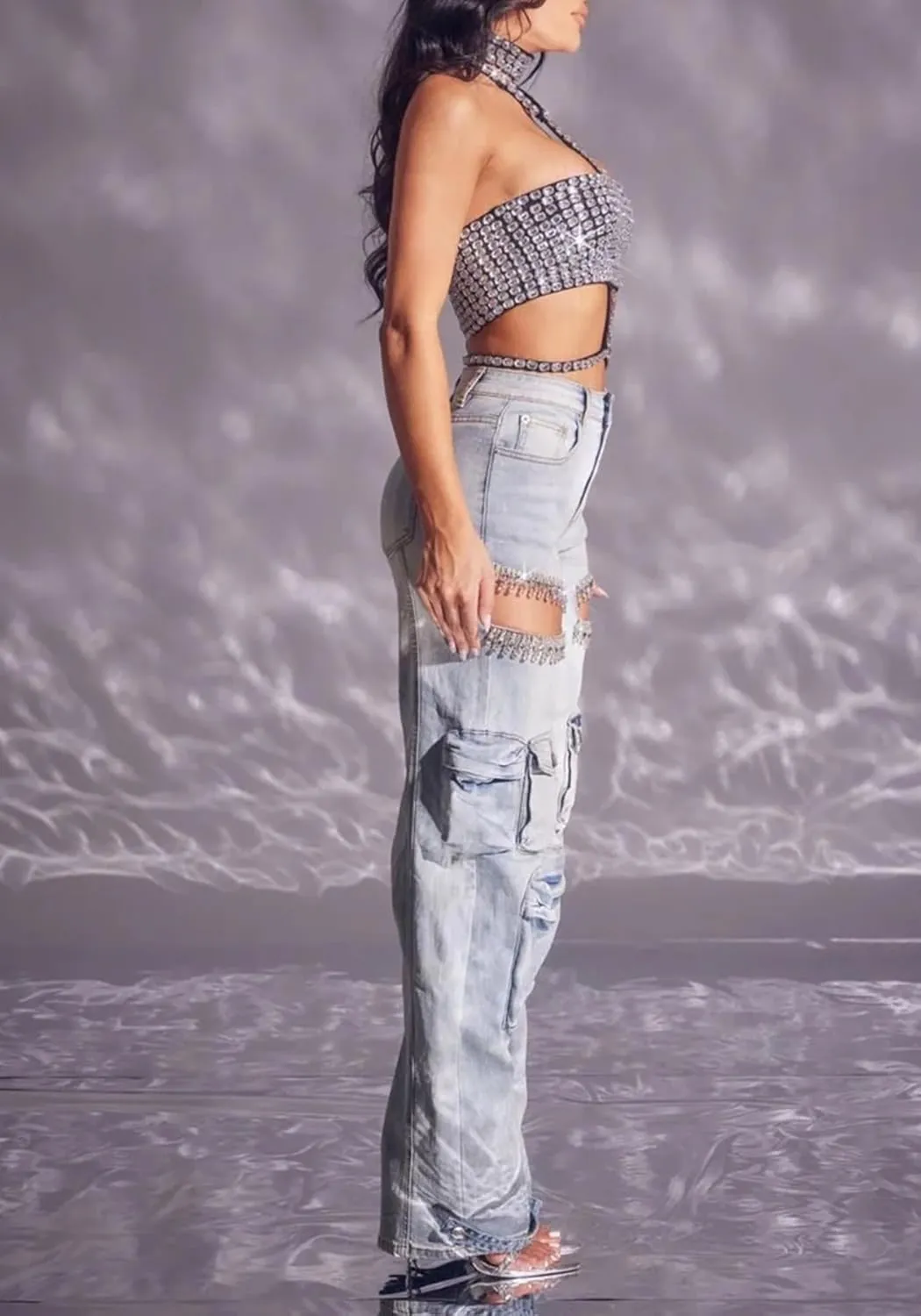 LETSVDO Women's Rhinestone Cargo Jeans High Waisted Wide Leg Baggy Sexy Ripped Cut Out Distressed Stretch Denim Pants