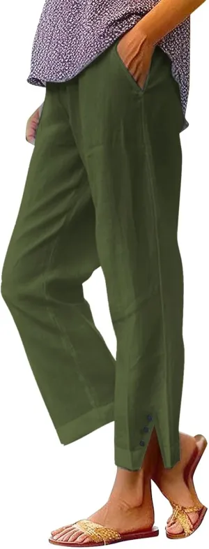 Linen Pants for Women Trendy Solid Straight Elastic Pant Long Drawstring Waist Cotton Casual Slit Plus Size Trousers