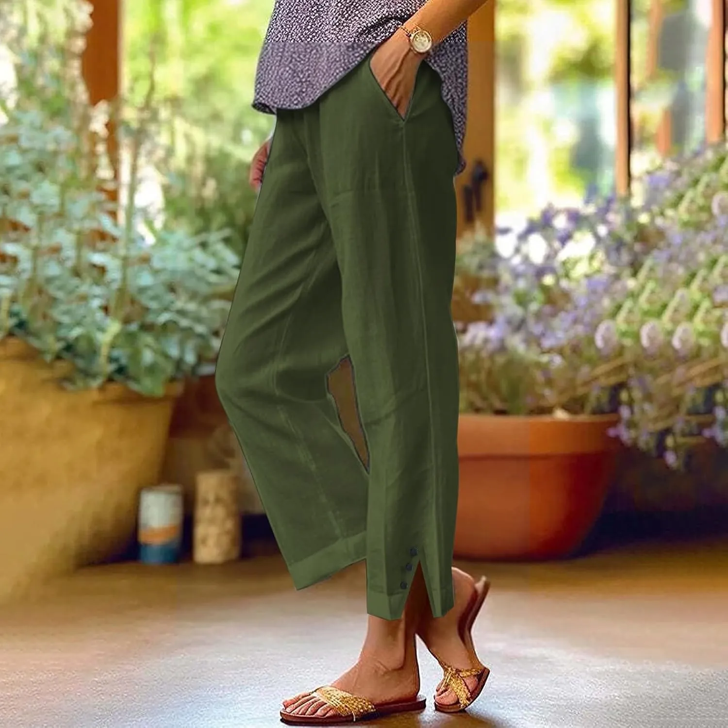 Linen Pants for Women Trendy Solid Straight Elastic Pant Long Drawstring Waist Cotton Casual Slit Plus Size Trousers