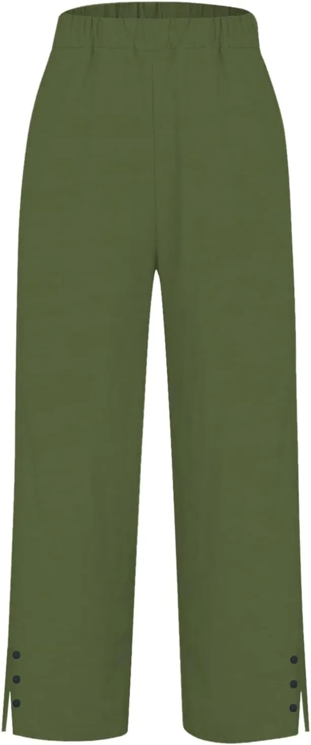 Linen Pants for Women Trendy Solid Straight Elastic Pant Long Drawstring Waist Cotton Casual Slit Plus Size Trousers