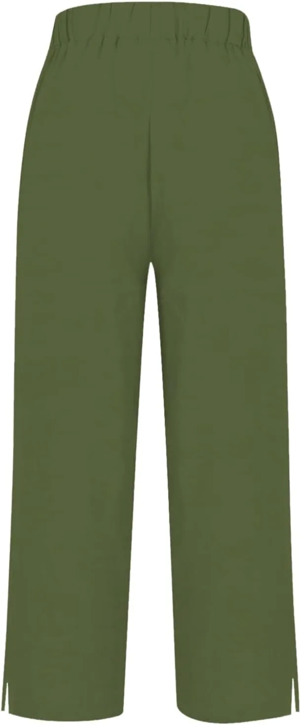 Linen Pants for Women Trendy Solid Straight Elastic Pant Long Drawstring Waist Cotton Casual Slit Plus Size Trousers