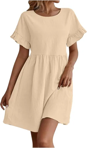 Lmdudan Summer Cotton Linen Dress Womens Casual Mini Dresses Short Sleeve Ruffle A-line High Waist Sundress Vacation Outfit