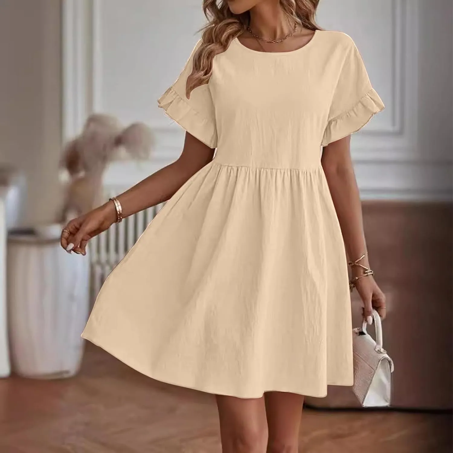 Lmdudan Summer Cotton Linen Dress Womens Casual Mini Dresses Short Sleeve Ruffle A-line High Waist Sundress Vacation Outfit