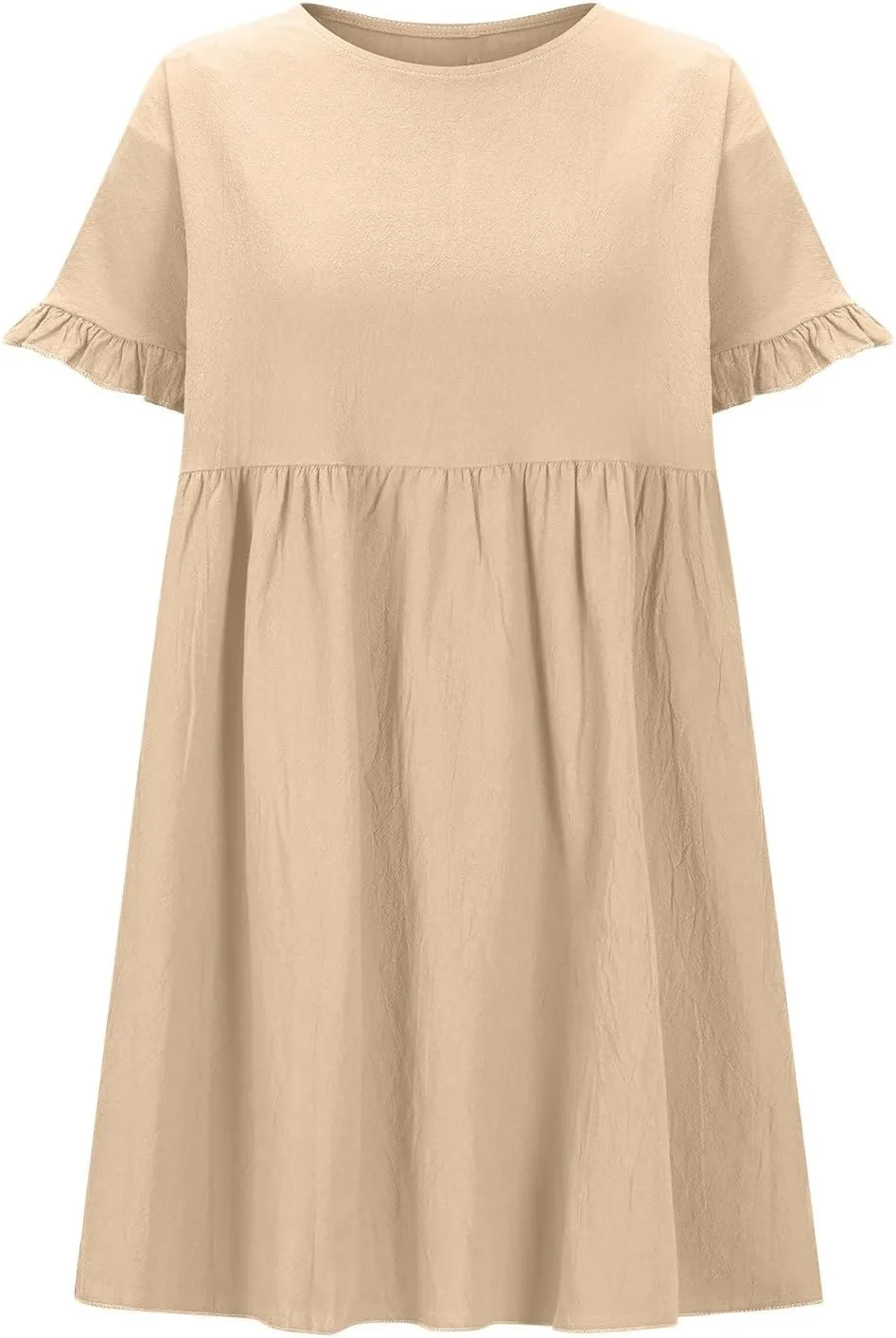 Lmdudan Summer Cotton Linen Dress Womens Casual Mini Dresses Short Sleeve Ruffle A-line High Waist Sundress Vacation Outfit