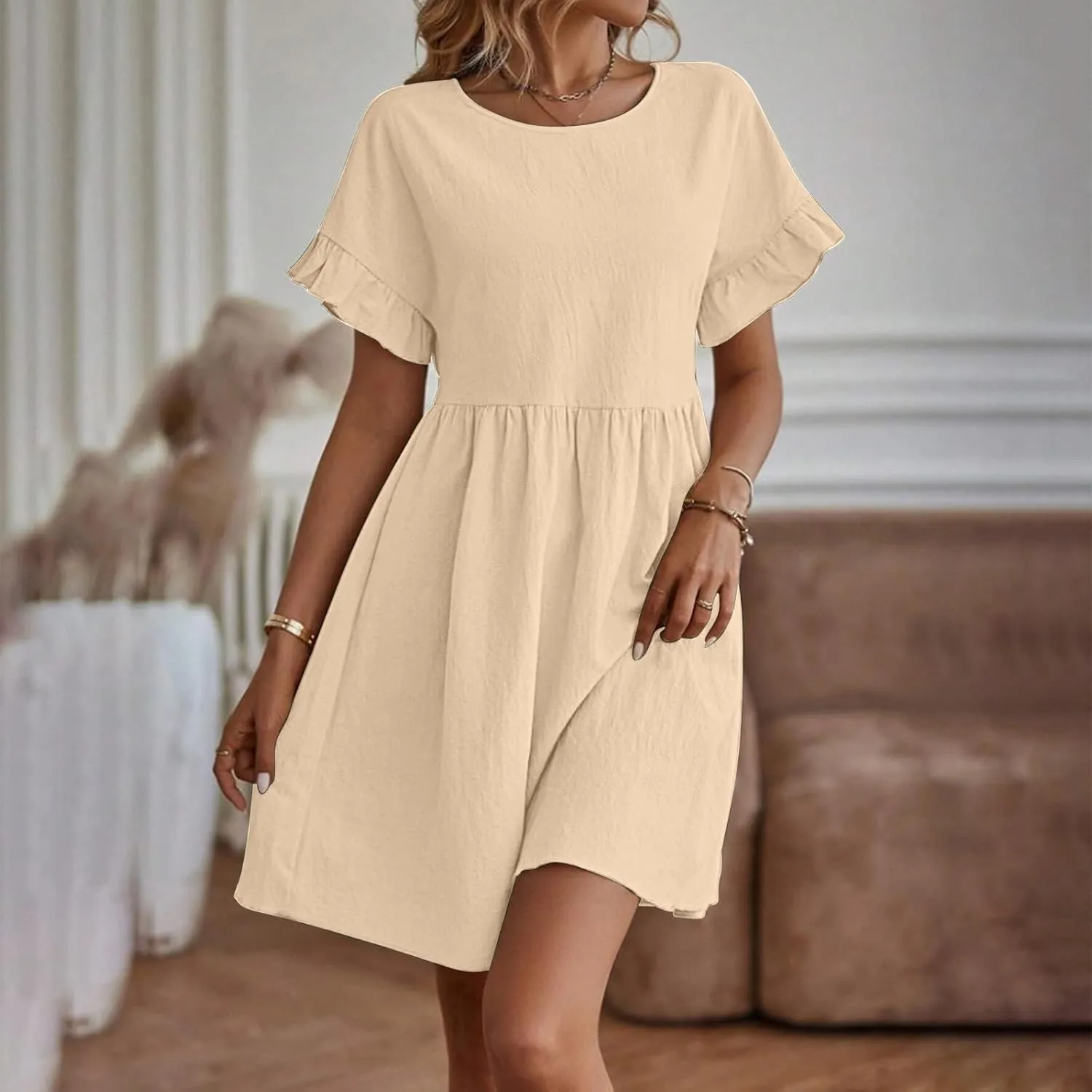 Lmdudan Summer Cotton Linen Dress Womens Casual Mini Dresses Short Sleeve Ruffle A-line High Waist Sundress Vacation Outfit