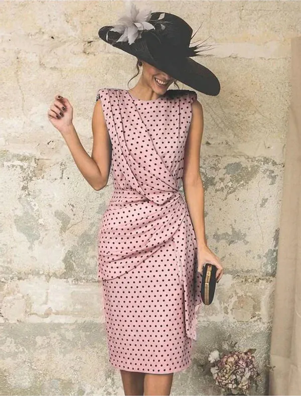Luolandi Women's Sheath Dress Knee Length Dress Pink Light Blue Sleeveless Polka Dot Print Ruched Spring Summer Round Neck Elegant Casual Vintage Party Dress