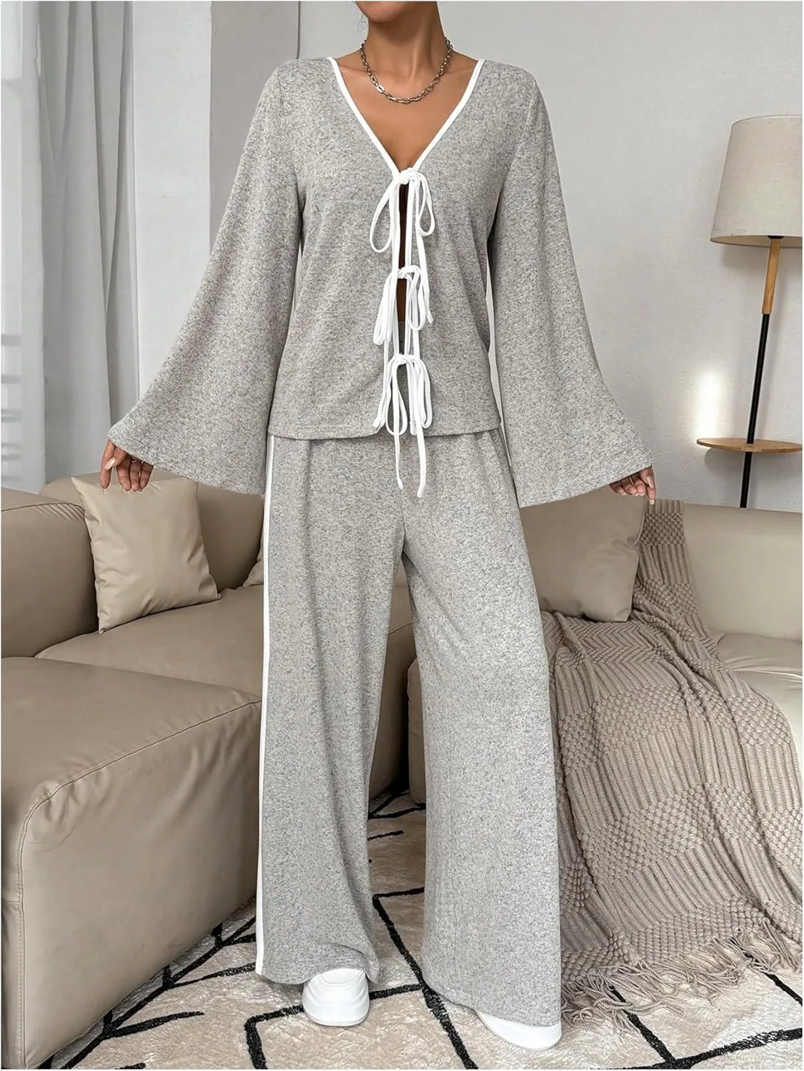 MakeMeChic Women's Two Piece Lounge Pajama Set Tie Front V Neck Bell Sleeve Top and Pants Sets Loungewear