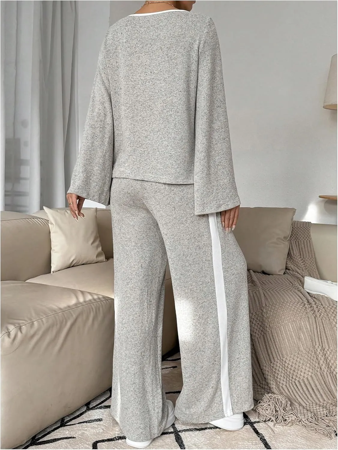 MakeMeChic Women's Two Piece Lounge Pajama Set Tie Front V Neck Bell Sleeve Top and Pants Sets Loungewear