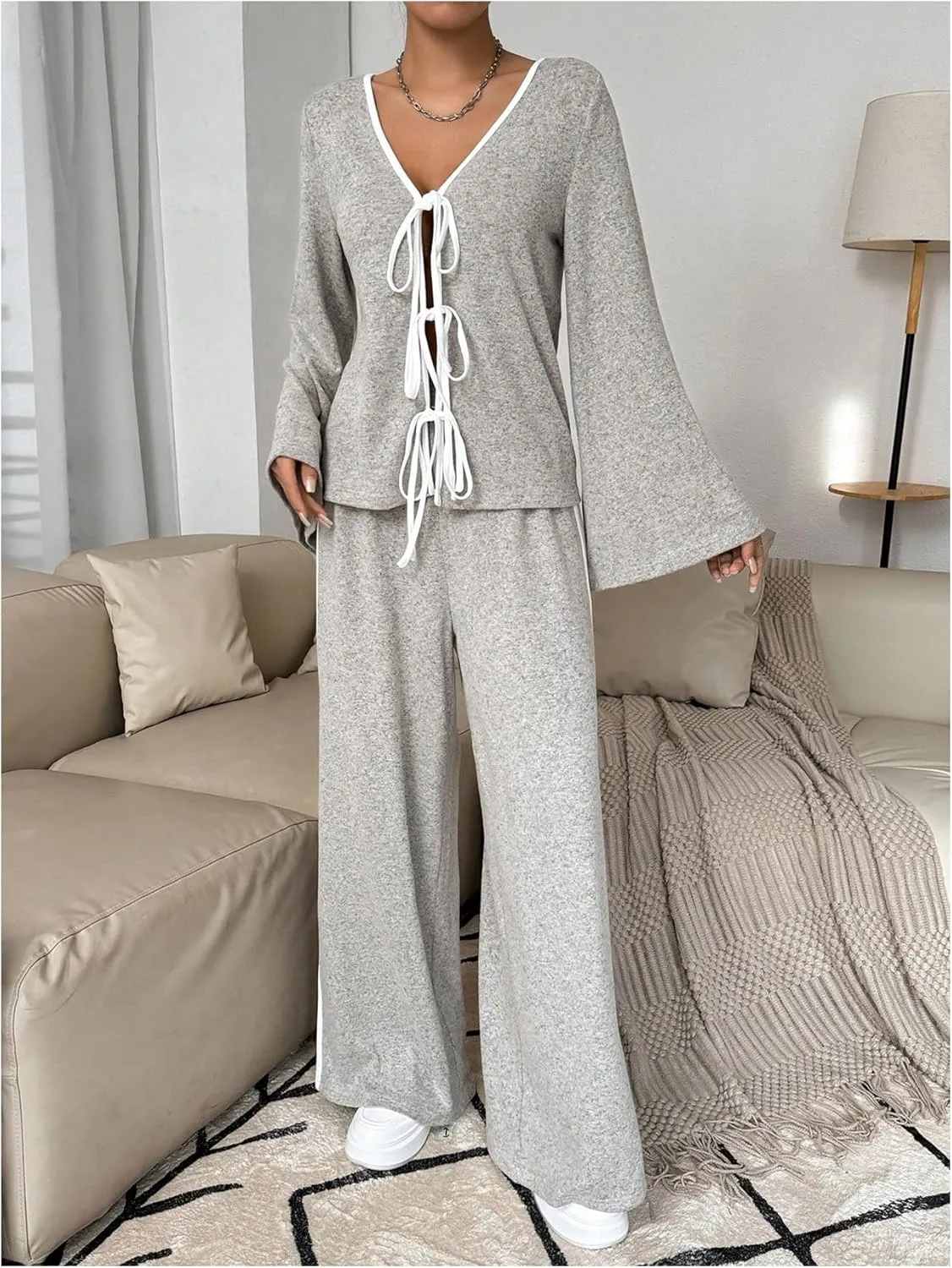 MakeMeChic Women's Two Piece Lounge Pajama Set Tie Front V Neck Bell Sleeve Top and Pants Sets Loungewear