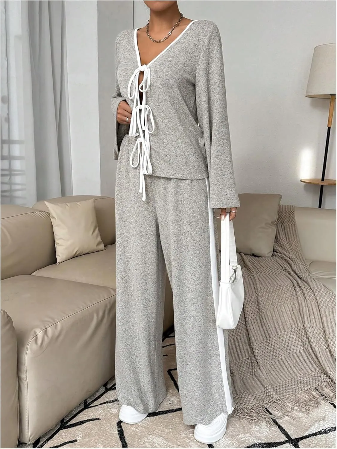 MakeMeChic Women's Two Piece Lounge Pajama Set Tie Front V Neck Bell Sleeve Top and Pants Sets Loungewear