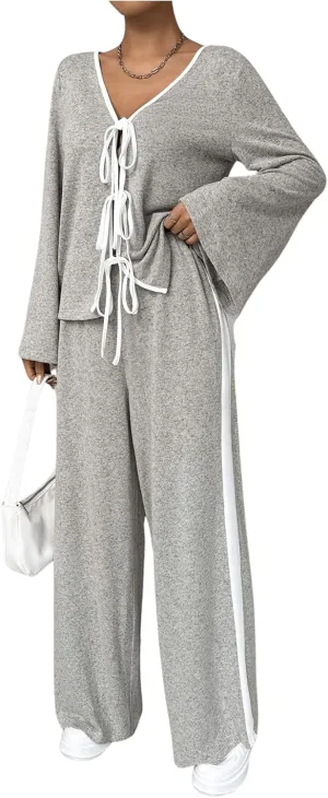 MakeMeChic Women's Two Piece Lounge Pajama Set Tie Front V Neck Bell Sleeve Top and Pants Sets Loungewear