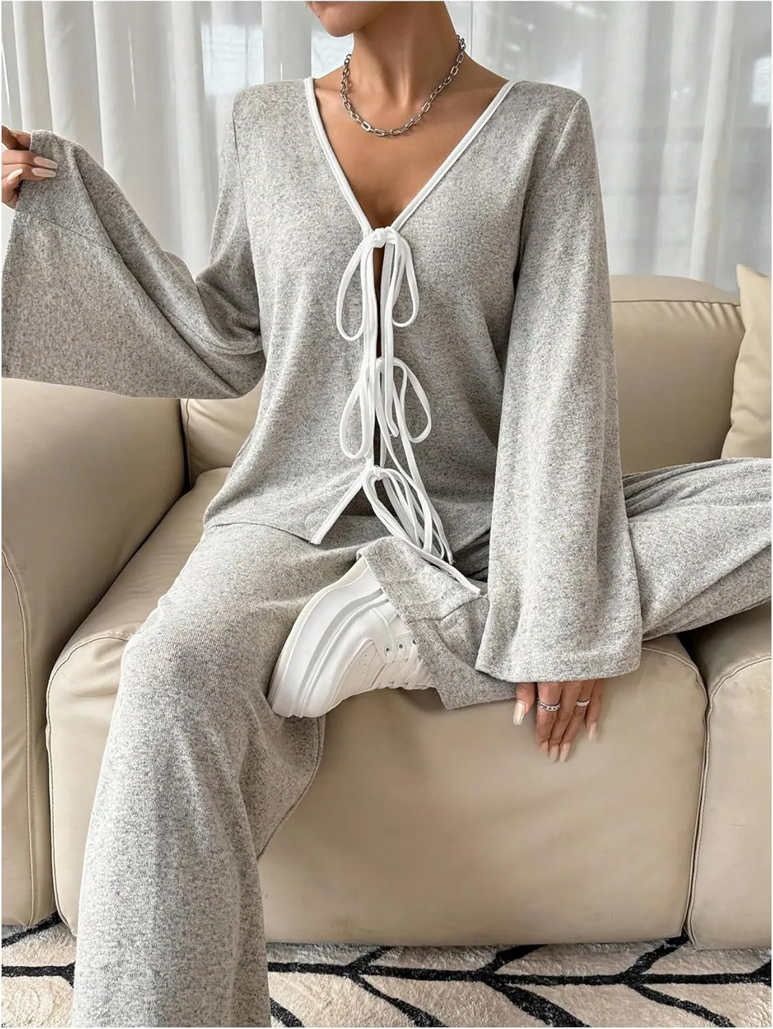 MakeMeChic Women's Two Piece Lounge Pajama Set Tie Front V Neck Bell Sleeve Top and Pants Sets Loungewear