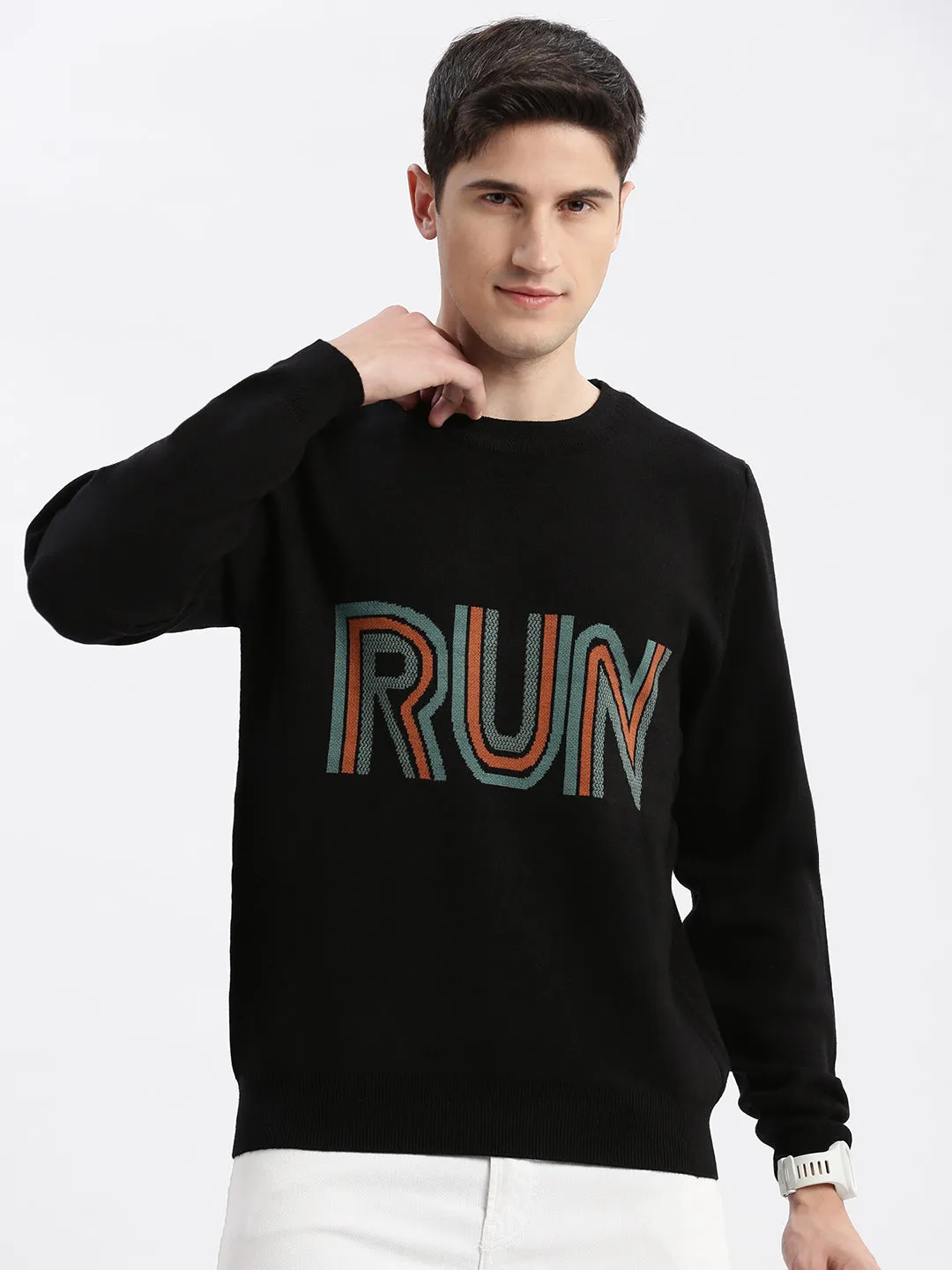 Men Black Round Neck Long Sleeves Typography Pullover Sweaters