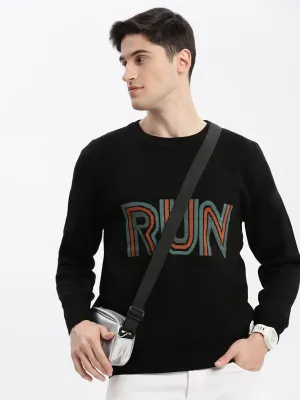 Men Black Round Neck Long Sleeves Typography Pullover Sweaters