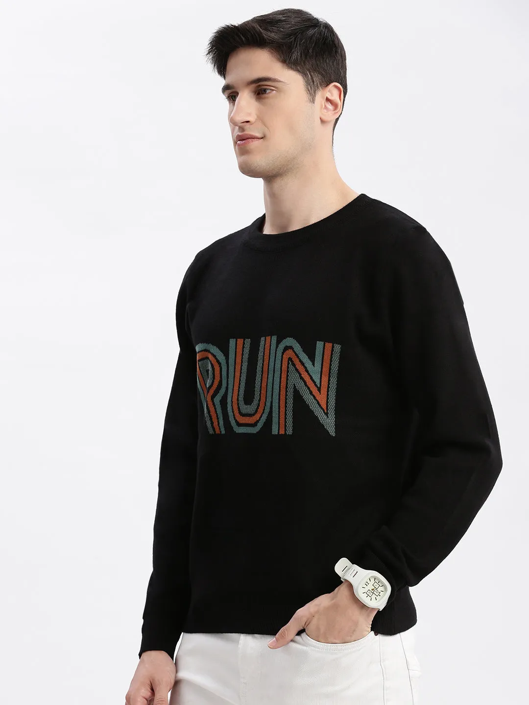 Men Black Round Neck Long Sleeves Typography Pullover Sweaters
