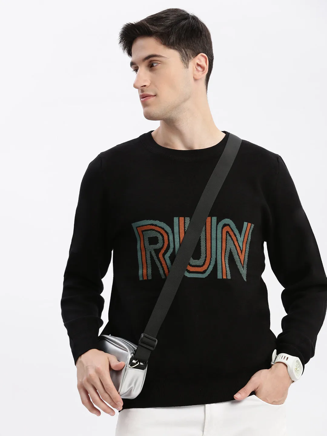 Men Black Round Neck Long Sleeves Typography Pullover Sweaters