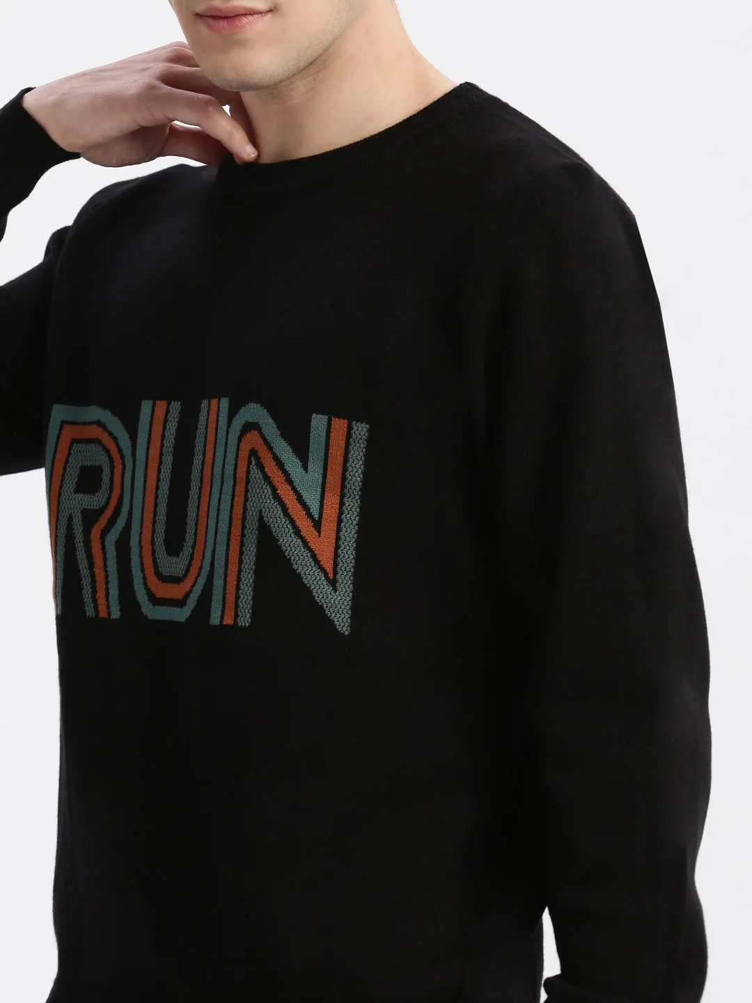Men Black Round Neck Long Sleeves Typography Pullover Sweaters
