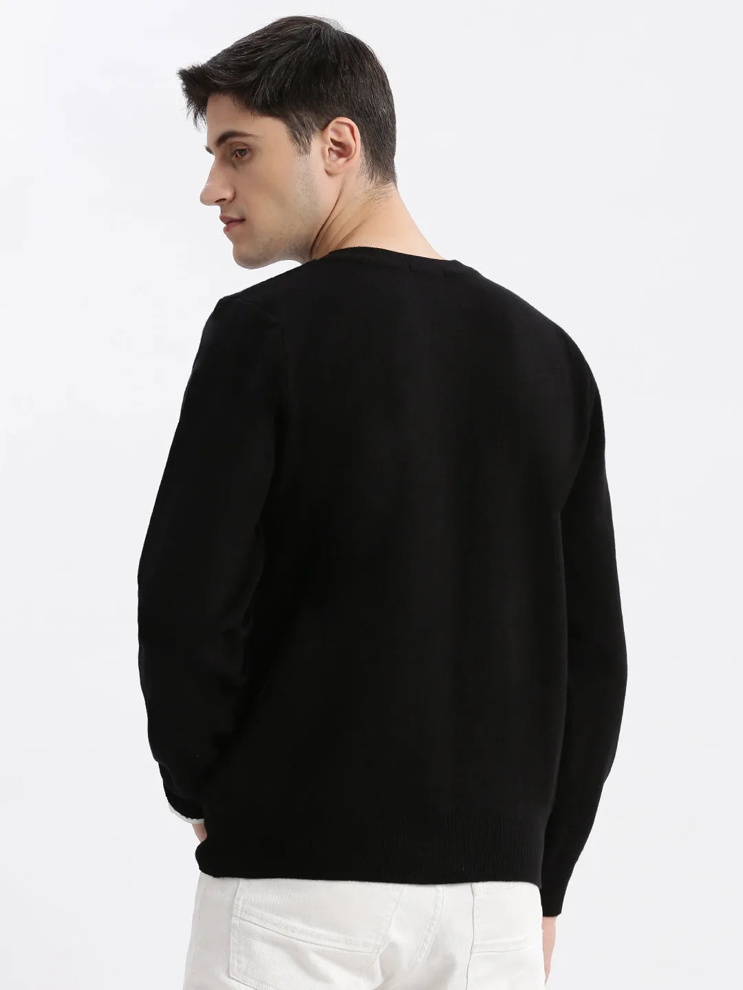 Men Black Round Neck Long Sleeves Typography Pullover Sweaters