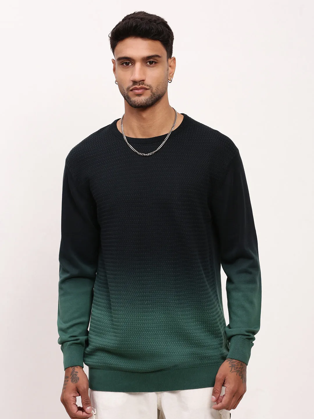 Men Green Gradient knitted Sweater