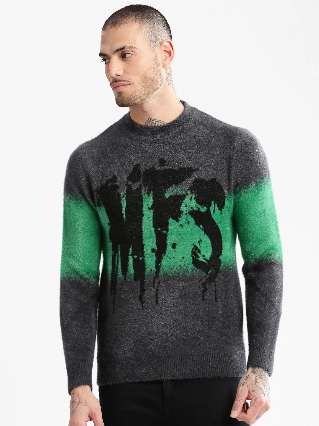 Men Grey Typography Printed Long Sleeves Acrylic Pullover Sweaters