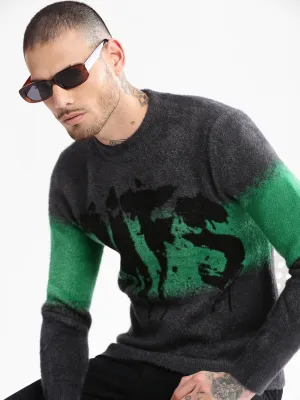 Men Grey Typography Printed Long Sleeves Acrylic Pullover Sweaters