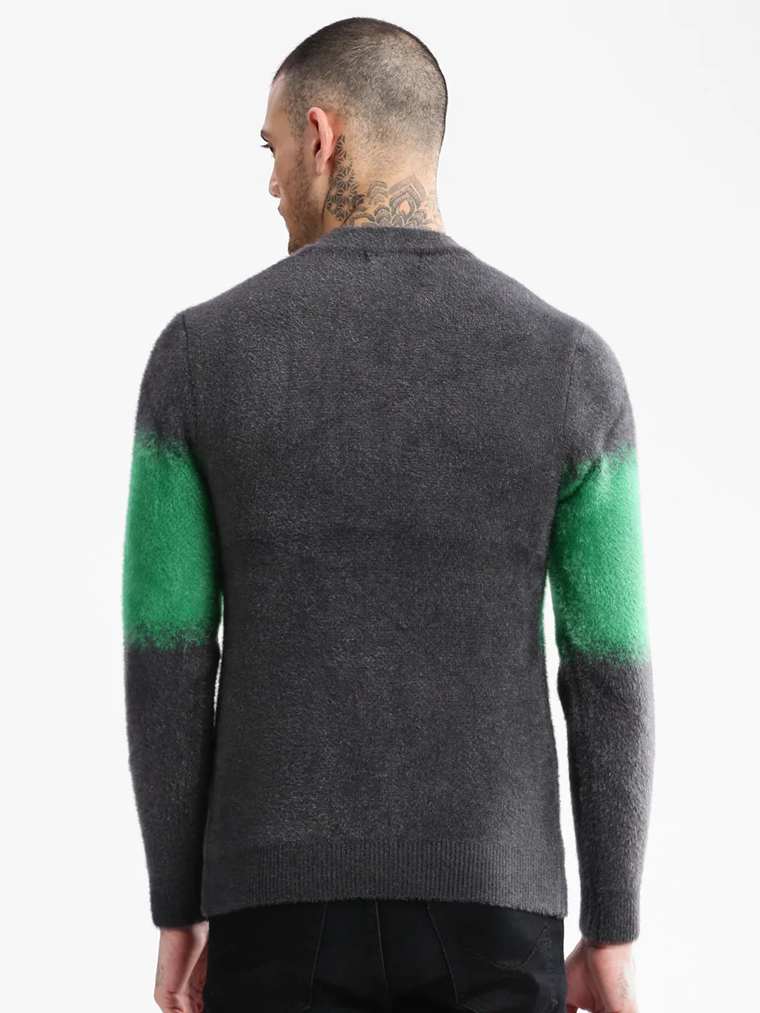 Men Grey Typography Printed Long Sleeves Acrylic Pullover Sweaters