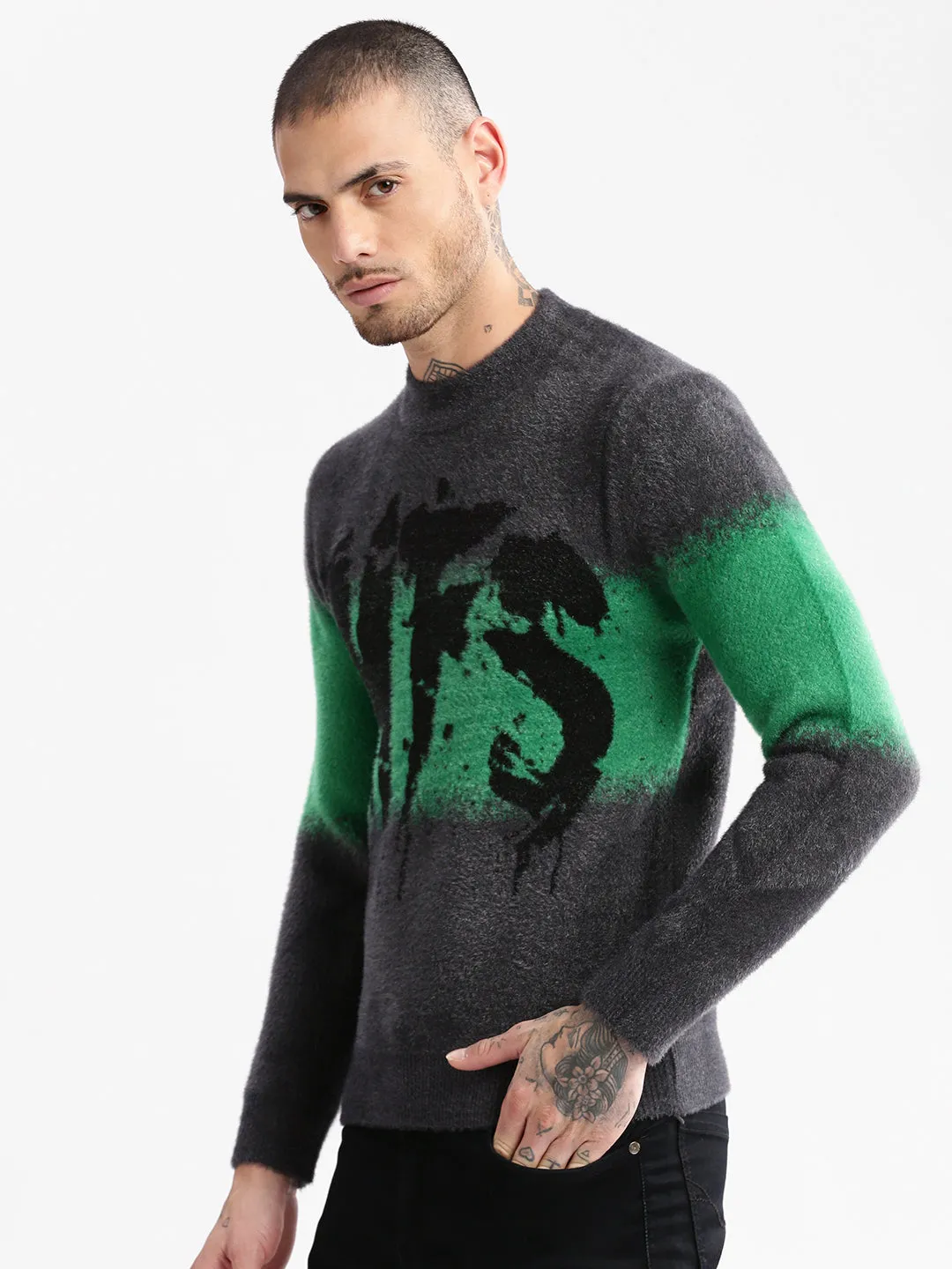 Men Grey Typography Printed Long Sleeves Acrylic Pullover Sweaters