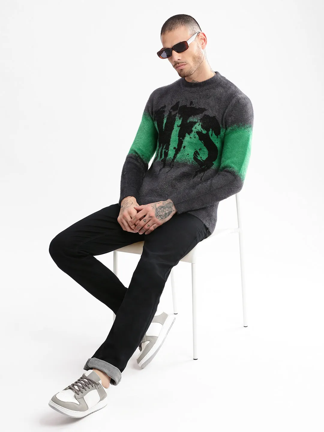 Men Grey Typography Printed Long Sleeves Acrylic Pullover Sweaters