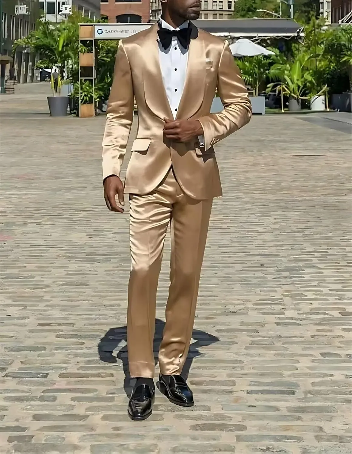 Men's Green 2-Piece Slim Fit Shiny Satin Suit Tuxedo Jacket & Pants Set for Wedding, Dinner, Prom, Party