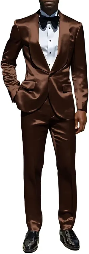 Men's Green 2-Piece Slim Fit Shiny Satin Suit Tuxedo Jacket & Pants Set for Wedding, Dinner, Prom, Party
