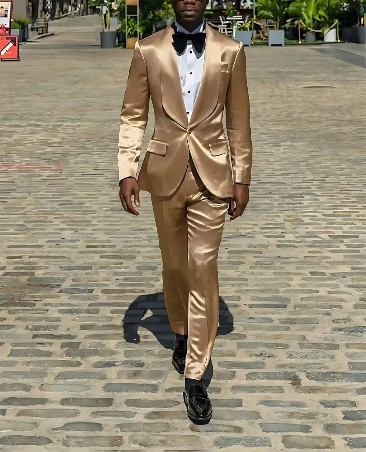 Men's Green 2-Piece Slim Fit Shiny Satin Suit Tuxedo Jacket & Pants Set for Wedding, Dinner, Prom, Party