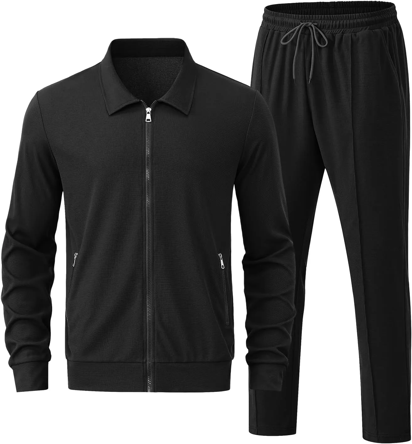 Men's Waffle Tracksuit 2 Pieces Set Casual Long Sleeve Zip Up Sweatsuits Solid Athletic Jogging Suit Sets