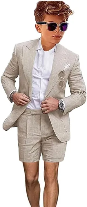 Mi Bo Tong Boys Linen Summer Suit 2 PC Blazer and Shorts Set Beach Wedding Tuxedos for Kids Boys Ring Bearer Outfit