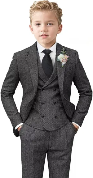 ProPoFol Boys Tweed Herringbone Suits Slim Fit Suits for Boys Tuxedo Jacket Vest Pants Set Formal Wedding Homecoming