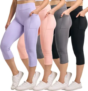 Real Essentials 4 Pack: Women's Capri Leggings with Pockets Casual Yoga Workout Exercise Pants (Available in Plus Size)