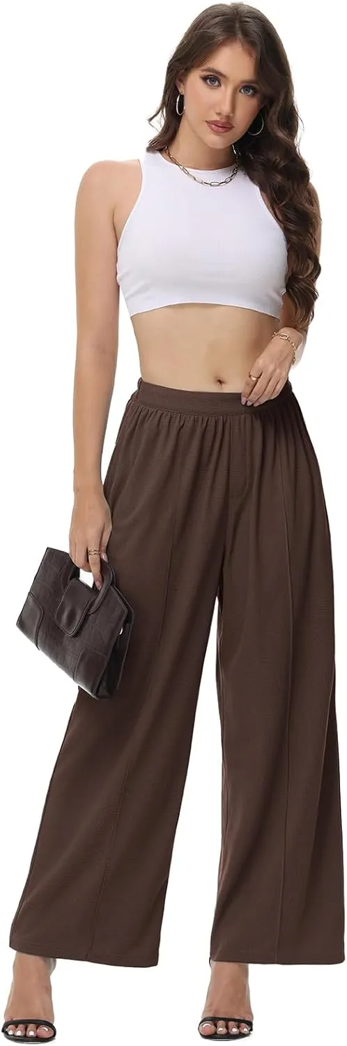 SeSe Code Womens Wide Leg Trousers Pants Waffle Knit Lounge Palazzo Pant High Waisted Casual Slacks with Pockets