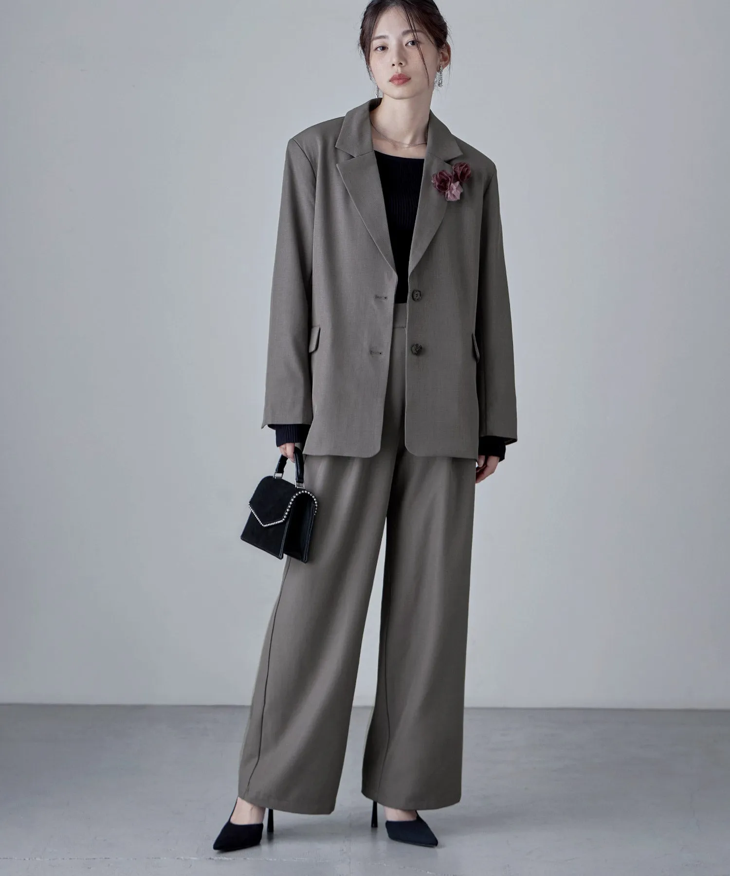 SET UP pants suit Twill single tailored jacket & Tuck wide pants