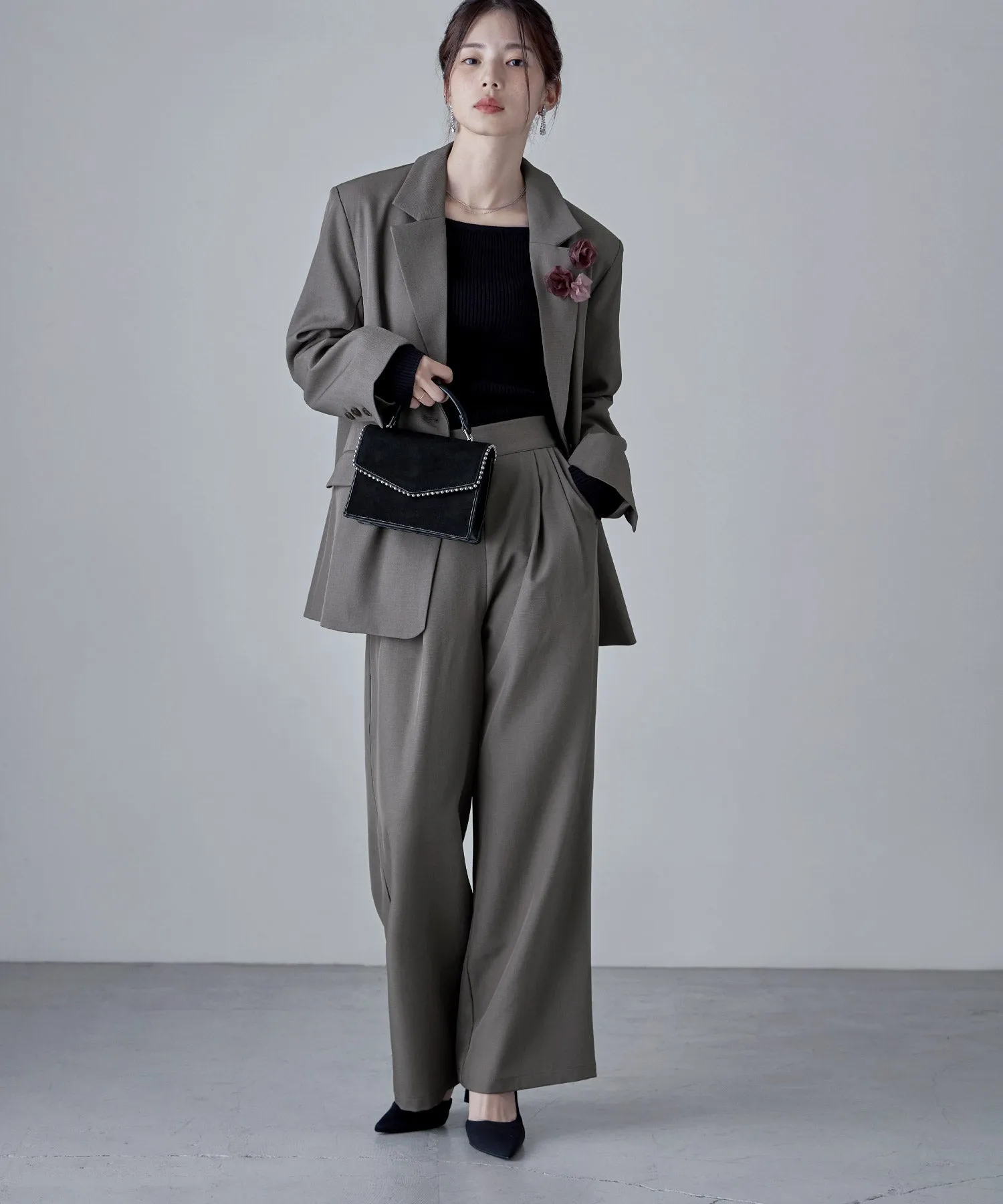 SET UP pants suit Twill single tailored jacket & Tuck wide pants